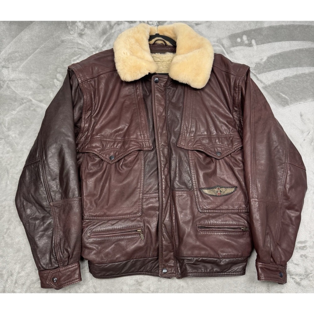 Vintage Shearling Bomber Jacket Mens XL Wool Liner Cherry Leather Aviator Pilot
